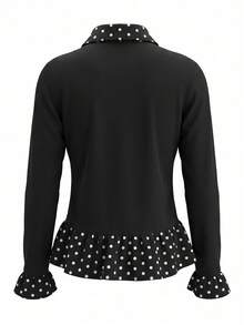 Kaos Lengan Panjang Kerah Peter Pan Motif Polkadot Hitam untuk Wanita, Gaya INS, Model Slim Fit, Desain Menawan, Atasan Serbaguna - Hitam - View 7
