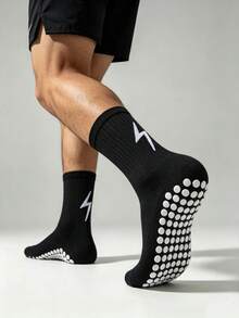 1/4/6 Pairs Men's Silicone Anti-Slip Mid-Calf Sports Socks With Lightning Pattern, Breathable, Suitable For Football, Running, Training - Black and White - View 2