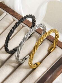 1PC Stainless Steel Twist Braided Open Bangle, Unisex Minimalist Waterproof Wrist Cuff, Couple Gift For Him Her Birthday Valentine Present - SZGSS044 - View 5