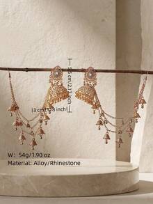 Elegant Rhinestone Gold Jhumka Earrings With Tassel Hair Chain, Traditional Middle Eastern Large Hoop Earrings, Suitable For Wedding Jewelry Or Party Wear - Teardrop Style - View 7