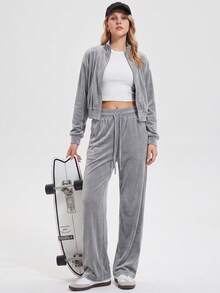 KyrLssu Women's Solid Color Hooded Zip-Up Fleece 2-Piece Set, Autumn/Winter Casual Streetwear - Light Grey - View 3