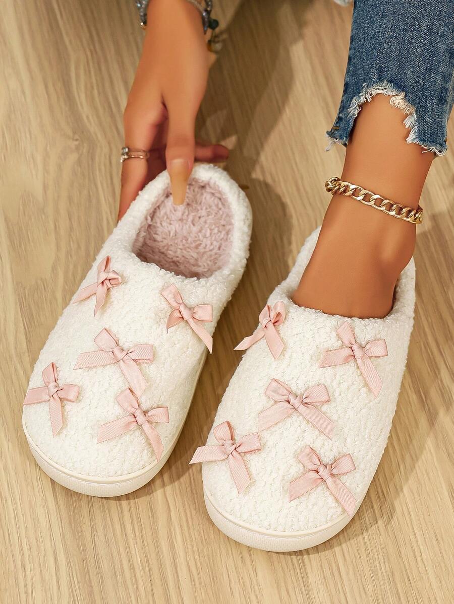 2026 Autumn New Flat Bow Knot Women's Slippers, Simple Fashion Plus Size Indoor Floor House Shoes - White - View 1