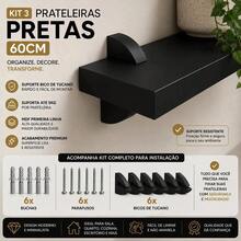 Kit 2 Prateleiras Pretas 60cm MDF Para Sala Quarto Cozinha Com Suporte Incluso - Preto - Visão 7