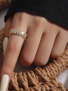 5pcs Fashionable Elegant Cubic Zirconia Geometric Copper Ring Set Suitable For Women Wedding Party Wear (Gift Box Not Included) - Yellow Gold - View 7