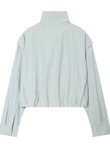 Women's High Neck Zip-Up Lightweight Jacket, Casual Solid Color Outerwear - Baby Blue - View 5
