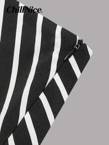 Women Elegant Summer Striped Split Midi Skirt, Holiday Festival Outfit, Versatile Skirt Suitable For Autumn And Winter - Black and White - View 4