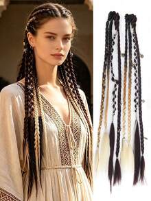 2pcs Handmade Bohemian Style 20 Inch Clip-In Hair Extensions, Bohemian Dreadlock Style, With Daily Wear Beads And Exquisite Accessories, With Claw Clips,Halloween - Multicolor - View 2