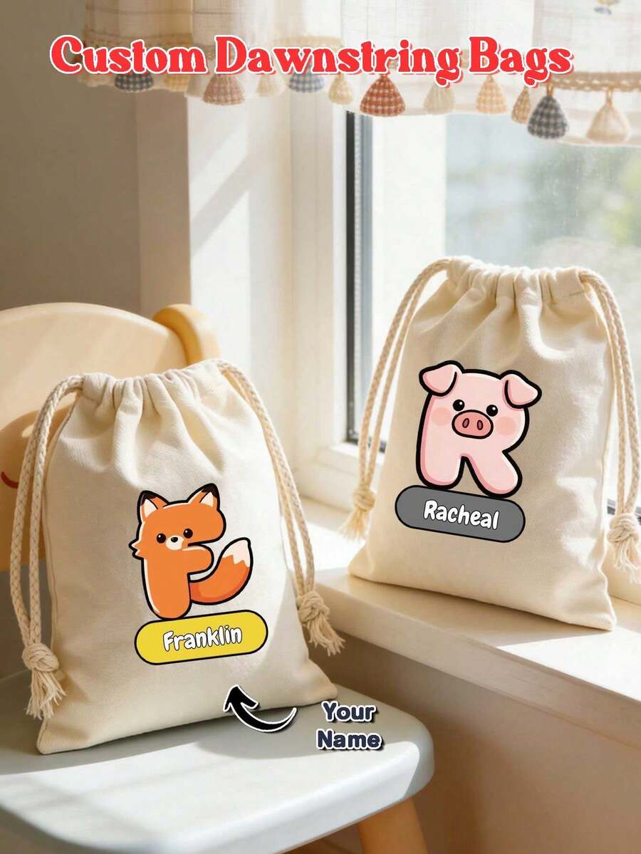 Custom Animal Letter Drawstring Bag, Personalized Name Canvas Storage Bag, Cartoon Letter Cotton Bag, Reusable Cosmetic And Small Accessory Storage Bag, Custom Letter Gift Bag, Portable Daily Storage Bag, Travel And Custom Gift - Multicolor - View 1