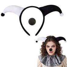 2pcs Funny Costume Headpiece & Nose Accessory Set, Black & White Clown Headband With Pointed Horns And Foam Nose, Suitable For Party, Halloween, Masquerade - Multicolor - View 2