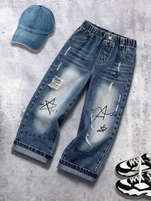 Boys' Washed Distressed Denim Jeans With Snowflake Effect, Star & Letter Graffiti Print, Elastic Waist, Casual Streetwear Vintage Style, Suitable For School, Commuting, Social Gatherings, Daily Wear - Medium Wash - View 1