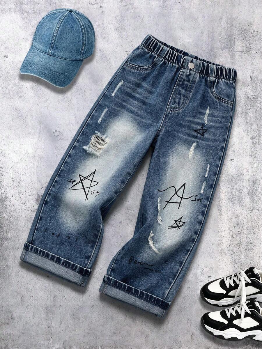Boys' Washed Distressed Denim Jeans With Snowflake Effect, Star & Letter Graffiti Print, Elastic Waist, Casual Streetwear Vintage Style, Suitable For School, Commuting, Social Gatherings, Daily Wear - Medium Wash - View 1