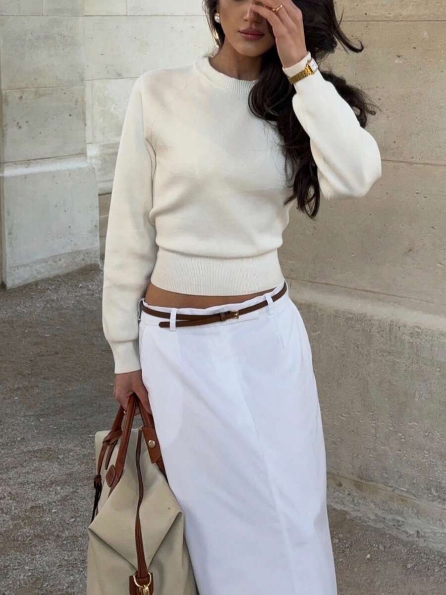 Minimalist Women's Ribbed Knit Short Crew Neck Knitted Sweater, Fashionable Short Sleeve Knit Top, Suitable For Autumn/Winter Wear, Basic White Fall - White - View 1