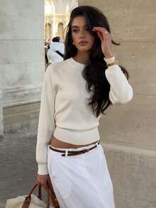 Minimalist Women's Ribbed Knit Short Crew Neck Knitted Sweater, Fashionable Short Sleeve Knit Top, Suitable For Autumn/Winter Wear, Basic White Fall - White - View 8