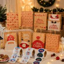 9pcs/1Roll Christmas Kraft Gift Bags With Stickers Set, Santa Claus Printed Paper Tote Bags, Xmas Candy Cookie Treat Bags For Holiday Gift Packaging - Multicolor - View 2