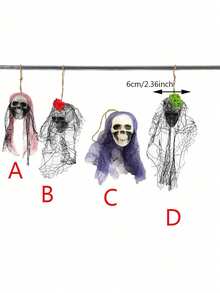 1Pc Halloween Mini Hanging Skull Ghost Decor, Tattered Mesh Skeleton Pendant, Creepy Hanging Ornament For Haunted House, Horror Party Scene Arrangement - Skull - View 4