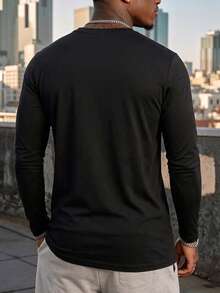 Men's Solid Black Crew Neck Long Sleeve Casual Tee Basic Daily Versatile Top Simple Minimalist Streetwear Fashion Outfit - Black - View 2