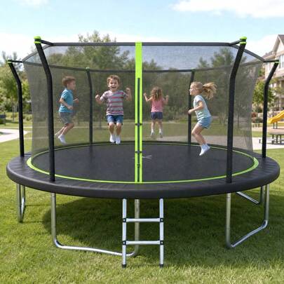 MERAX 14FT Recreational Trampoline For Kids & Family, Backyard Outdoor Play, High Bounce Jumping Mat, Heavy Duty Enclosure Net & Ladder, Anti-Rust Galvanized Steel Frame For Exercise & Active Fun,Green