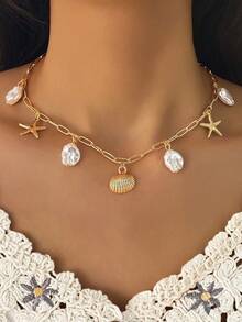 1pc Women's Summer Ocean Style Shell & Starfish Bohemian Vacation Necklace - Yellow Gold - View 5