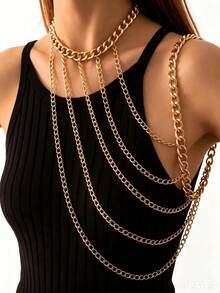 1pc Women's Party Music Festival Layered Fringe Design One Shoulder Chain Gold Jewelry Suitable For Date Party Holiday Gift - Multicolor - View 9