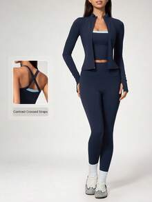 NcmRyu Women's 3 Pieces Set Autumn/Winter Contrast Color Tank Top, Stand Collar Jacket, High Waist Slim Fit Pants - Blue - View 1