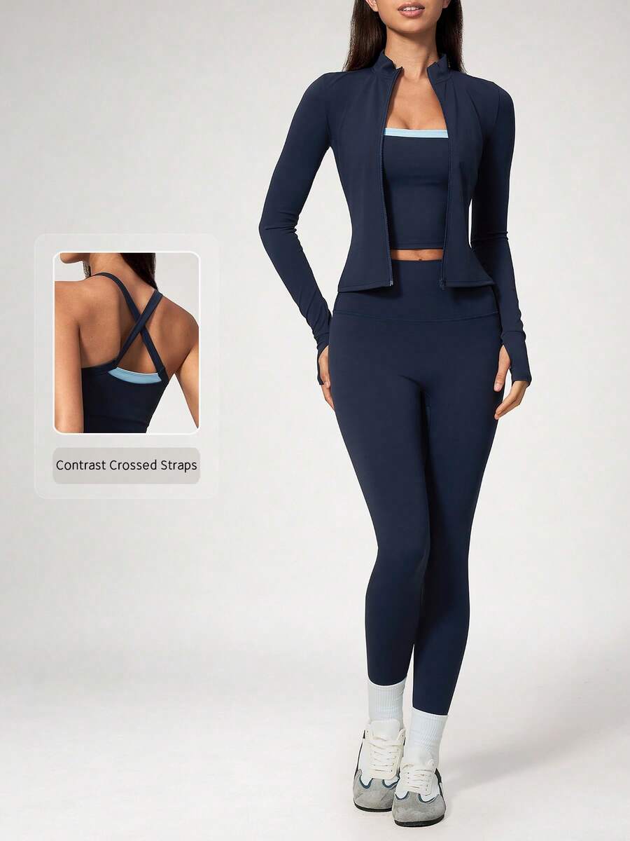 NcmRyu Women's 3 Pieces Set Autumn/Winter Contrast Color Tank Top, Stand Collar Jacket, High Waist Slim Fit Pants - Blue - View 1