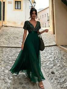 Fine Glitter Short Sleeve Elegant Romantic Dress For Ball, Homecoming Party - Dark Green - View 5