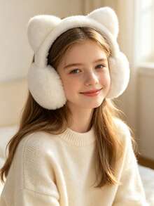 1pc Cute 3D Cat Ear Plush Earmuffs, Women's, Thickened Warm Faux Rabbit Fur, Foldable, Suitable For Students, Girls Daily Commute, Shopping, Cycling, Multiple Colors Available - Multicolor - View 3