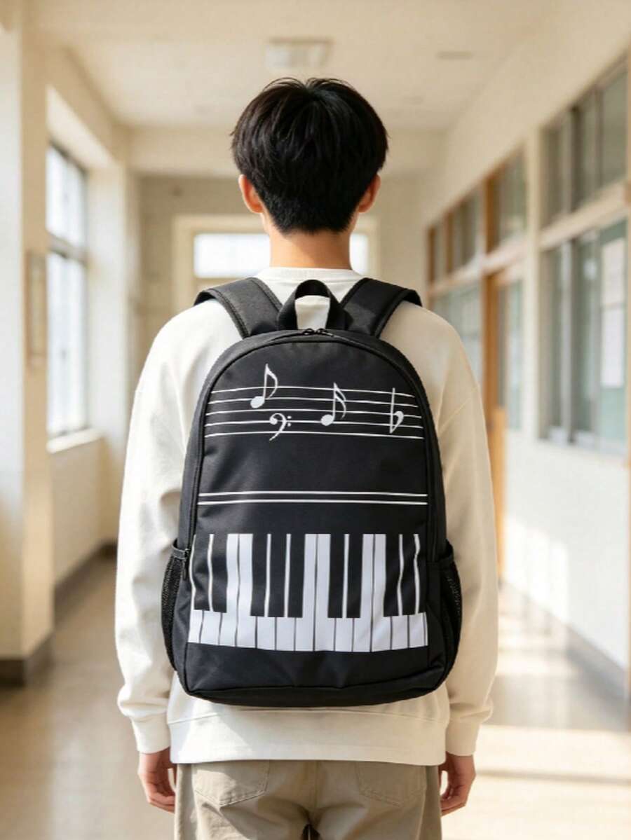 古典藝術風輕量實用大容量五線譜音符鋼琴鍵學生背包 中性旅行包