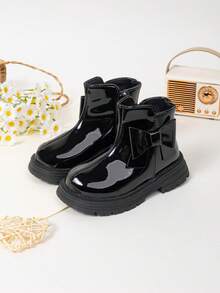 Tween Kid Glossy Bow Ankle Boots Side Zipper Fleece Lined Non Slip Thick Sole Winter Boots For Kids Warm Footwear - Black - View 4