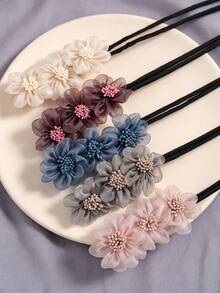 1pc Gentle Organza Flower Slouchy Hair Bun , Elegant Pearl Petal Design, Easy Korean-Style Bun Hair Styling, Quick Twist Hair Stick, No Hair Damage, Versatile Vintage Silk Chiffon Hair Accessory For Daily Commute, Spring/Summer Outfits, Sweet Back-Of-Head Hair Tie, Atmosphere-Enhancing Gentle Look - A - View 7