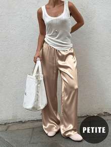 Petite Women Champagne Satin Wide Leg Pants, High Waist Draped Trousers, Old Money Style Flowy Bottoms For Daily Commute & Back To School - Champagne - View 2