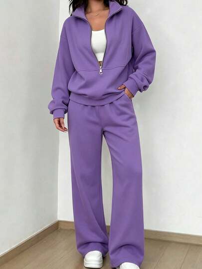 2pc Women's Purple Half Zip Purple Sweatshirt 2 Piece Set Casual Wide Leg Sweatpants Fall Winter,Y2k,Halloween Costume Women
