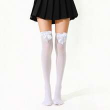 Women Velvet Long Thigh High Stockings Adorned With White Bows, Tear Resistant Anti-Snag Over-The-Knee Socks For Cosplay Daily Outfit Matching - 1pair - View 5
