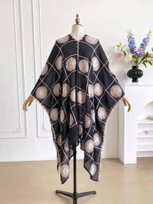 1件優雅花卉圖案刺繡開襟和服式圍裙女款，波希米亞風春夏海灘度假防曬罩衫，裝飾性刺繡開襟衫，適合日常穿著，完美禮物選擇 - 黑色 - 查看 3