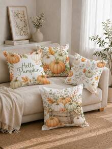 Autumn Watercolor Pumpkin & Floral Cushion Covers 4pcs Set, Single-Sided Printed Peach Skin Velvet Polyester Material, 45*45CM Throw Pillow Covers For Modern Fabric Sofa Indoor Decor, Party Decoration, Gift Giving - Multicolor - View 4