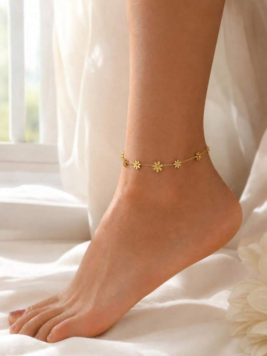 VceTd 1PC Minimalist Romantic Style Stainless Steel Anklet With Flower Decoration, Suitable For Women's Daily Wear Or Beach Vacation - Yellow Gold - View 1