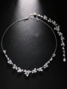 1pc Rhinestone Flower Reversible Necklace With Back Chain, Rhinestone Flower Collarbone Chain Paired With Long Water Drop Crystal Back Drop Chain, Women's Backless Wedding Dress Evening Gown Bridal Shiny Back Accessory - Rhinestone - View 8