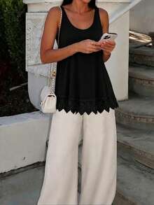 Plus Size Solid Color Lace Patchwork Loose Casual Tank Top Black Summer - Black - View 3