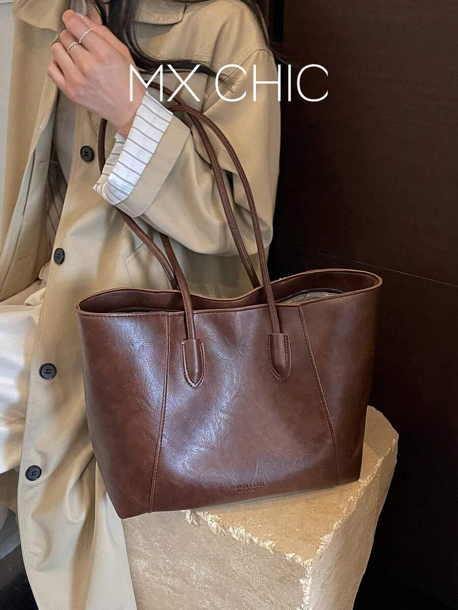 1件女款純色PU中隔層單肩托特包,大容量,適合外出、購物、約會、送禮 - 咖啡棕 - 查看 1