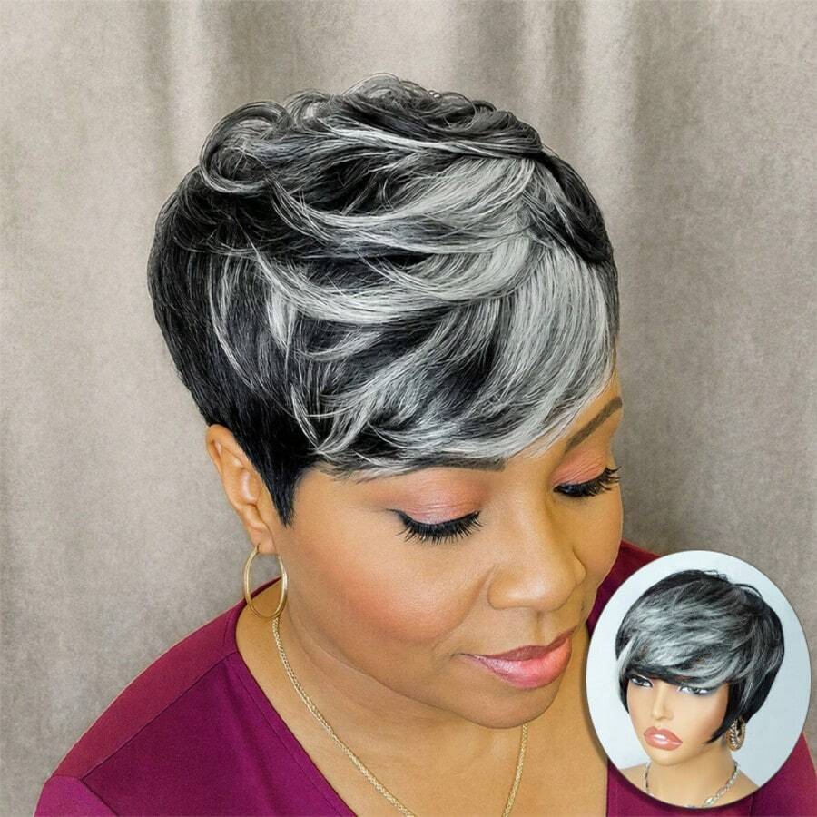 AMECIRE Elegant Short White Highlights Pixie Cut Wig Mixed Colors 100% Human Hair Wig With Bangs For Women Easy To Wear Perfect For Everyday & Cosplay & Parties & Music Festival