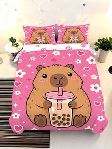 2/3PCS Capybara Bubble Tea Duvet Cover Set, Cute Cartoon Animal Bedding, Pink Heart Floral Print Bed Set For Girls - Multicolor - View 7
