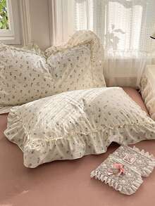 Pink Ruffle Lace Duvet Cover 4-Piece Set, Soft And Comfortable Bedroom Bedding, No Filling, Botanical Print, Breathable And Soft All-Season Bedding Set Including 1 Duvet Cover, 1 Bed Sheet, 2 Pillowcases, Suitable For Bedroom, Dorm, Home Use, Multiple Size Options - Pink - View 8