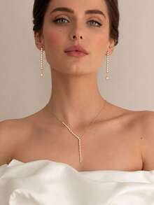 3pcs Tennis Round Diamond Y-Shaped Dangle Jewelry Set, Linear Crystal Lariat Pendant Necklace With Straight Long Dangle Earrings, Women's Minimalist Bridal Wedding Evening Party Sparkling Accessories - Rhinestone - View 1