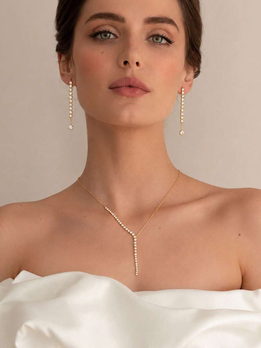 3pcs Tennis Round Diamond Y-Shaped Dangle Jewelry Set, Linear Crystal Lariat Pendant Necklace With Straight Long Dangle Earrings, Women's Minimalist Bridal Wedding Evening Party Sparkling Accessories - Rhinestone - View 1
