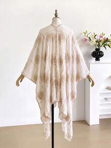 1pc Elegant Floral Embroidered Split Kimono/Sarong Shawl For Women, Bohemian Style Spring/Summer Beach Vacation Sun Protection Cover-Up, Decorative Embroidered Cardigan, Suitable For Daily Wear, Perfect Gift Choice - Beige - View 3