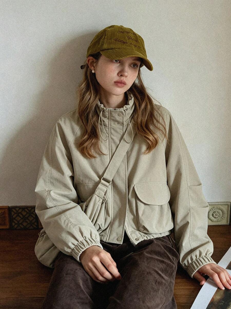 Casual Design Workwear Windbreaker Jacket With Zipper - Apricot - View 1
