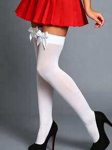 1 Pair Women's White Over-The-Knee Socks With Bow Design, Solid Color Knee-High Socks, Cute Socks, Suitable For Halloween Party And Daily Casual Wear - Multicolor - View 4