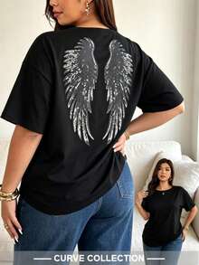 2026 Women's Plus Size Knit Round Neck Off-Shoulder Short Sleeve Loose Fit Casual Home Fashion Comfortable Beach Vacation Party College Style Versatile Black Wing Pattern T-Shirt Spring Summer Autumn - Black - View 1