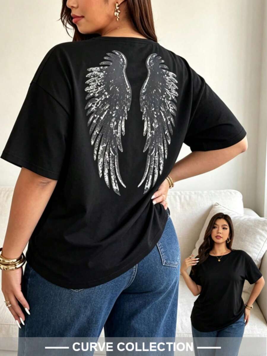 2026 Women's Plus Size Knit Round Neck Off-Shoulder Short Sleeve Loose Fit Casual Home Fashion Comfortable Beach Vacation Party College Style Versatile Black Wing Pattern T-Shirt Spring Summer Autumn - Black - View 1