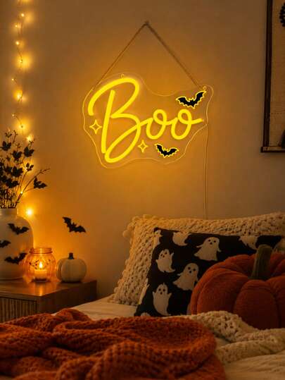1PC Halloween Boo LED Neon Sign With USB Cable, PS Board Yellow Neon Light Wall Decor, Cute Bat Spooky Quote Sign For Bedroom, Party, Bar, Holiday Gift